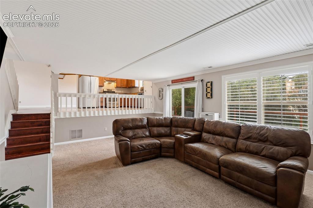Image 14 of 37: Carpeted living area with a white beadboard ceiling, white window shutters,