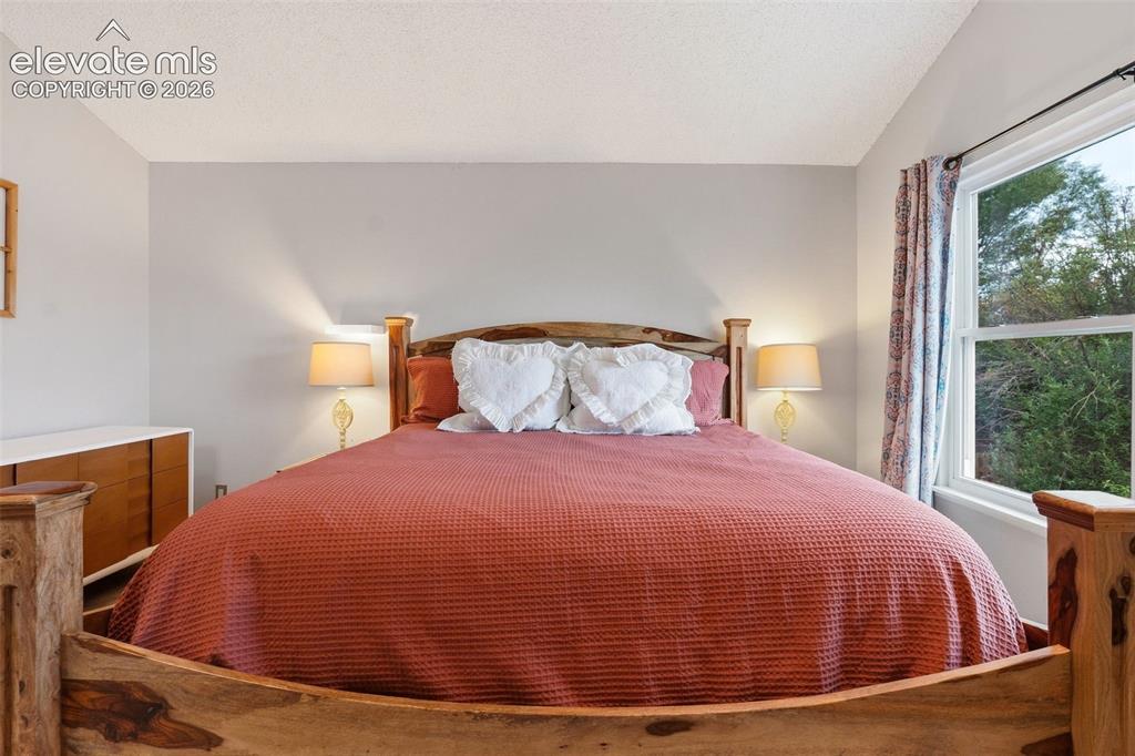 Image 17 of 37: Wood-finish bed frame, expansive window, and a built-in wood-finish dresser
