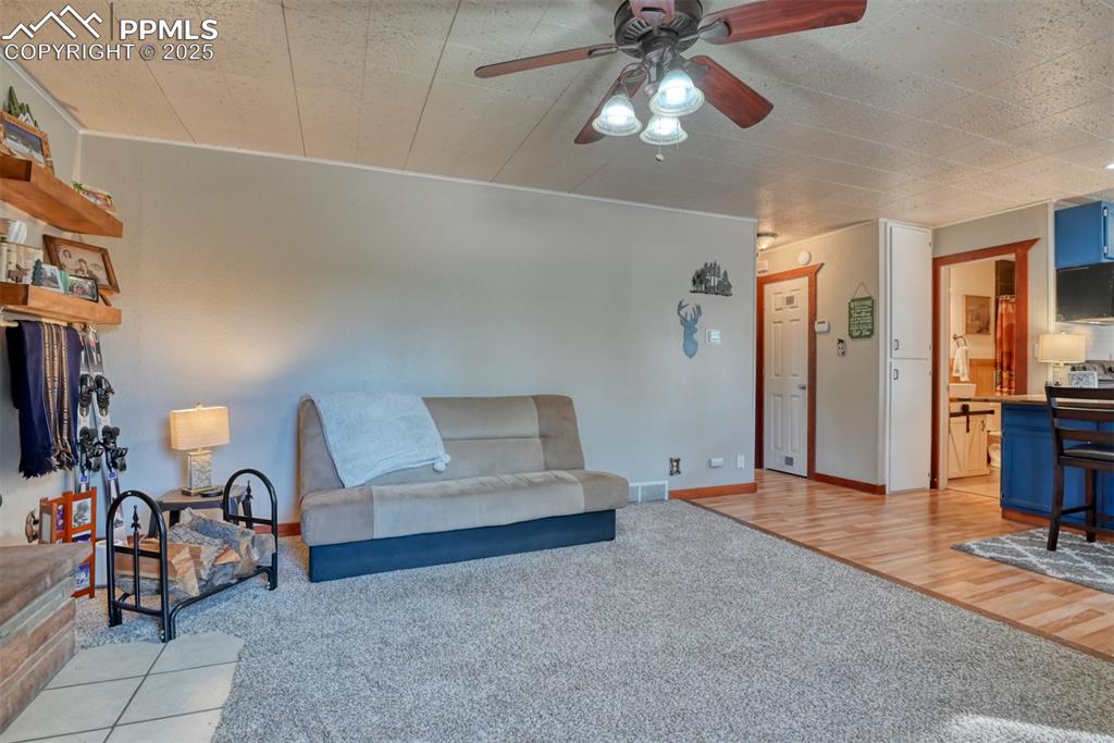 Image 21 of 42: Living room with light colored carpet, ceiling fan, and light wood-type flo