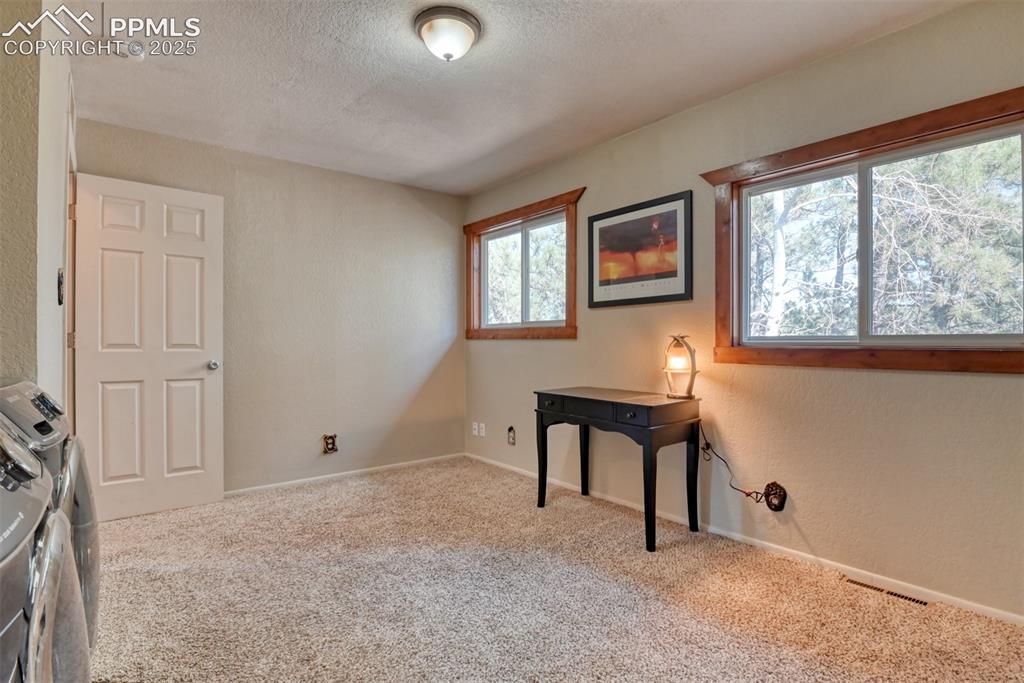 Image 37 of 43: Unfurnished office with carpet floors, a textured wall, a textured ceiling,