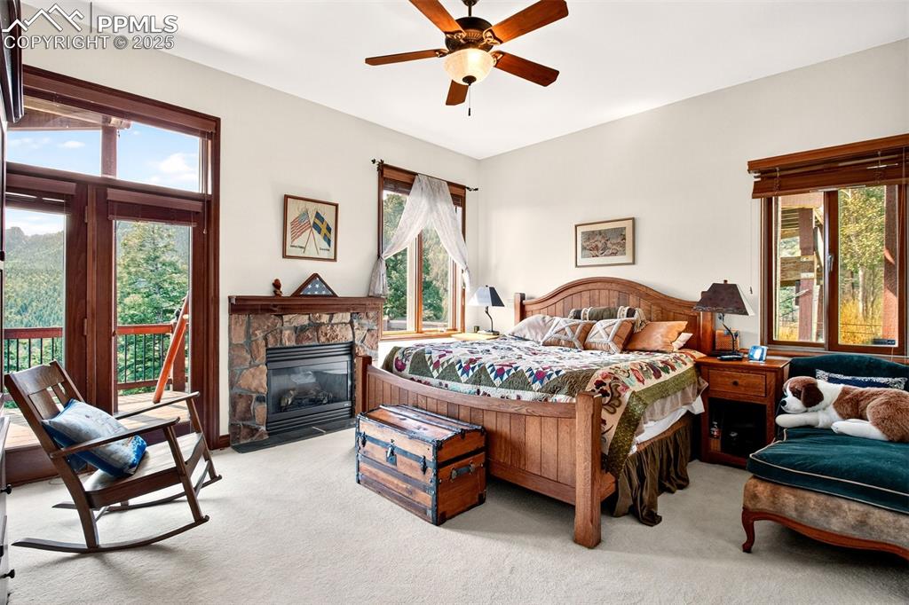 Image 39 of 50: Bedroom 2 on lower level with gas burning fireplace, walk out to back deck 