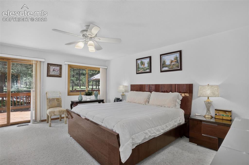 Image 23 of 49: Primary bedroom with walk out to back deck.