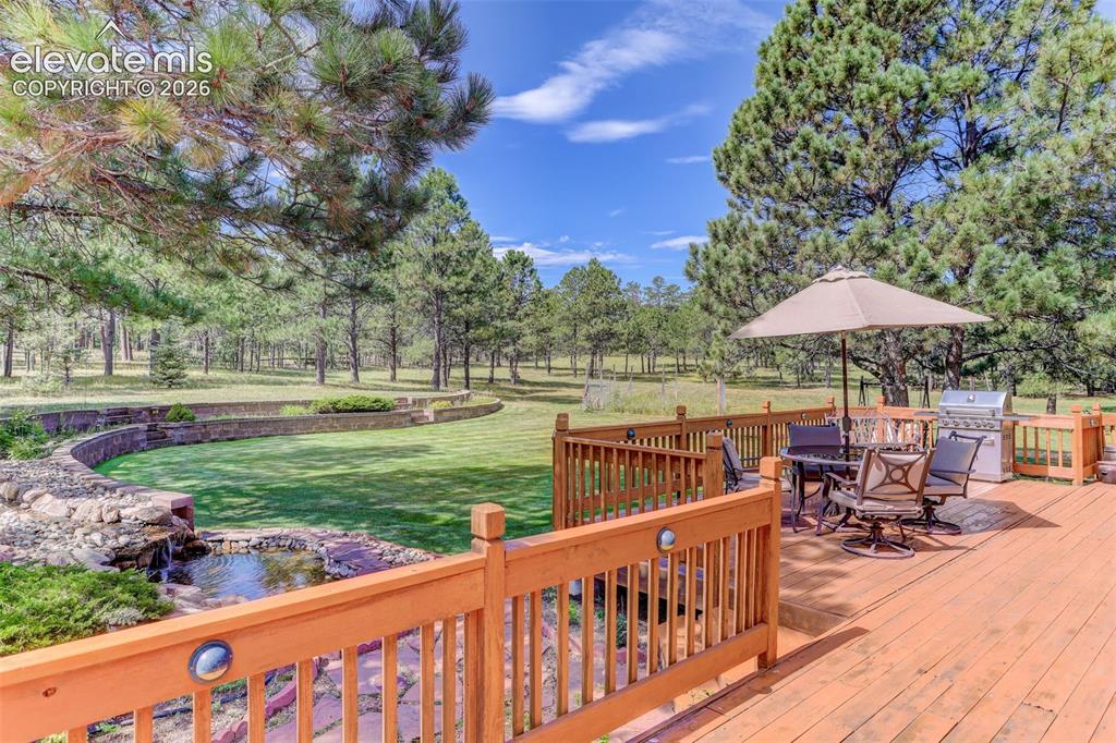 Image 4 of 49: View from back deck at water feature and back yard. 