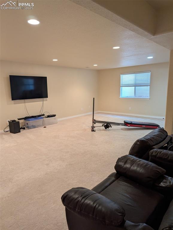 Image 31 of 33: Workout area with carpet flooring, recessed lighting, and a textured ceilin