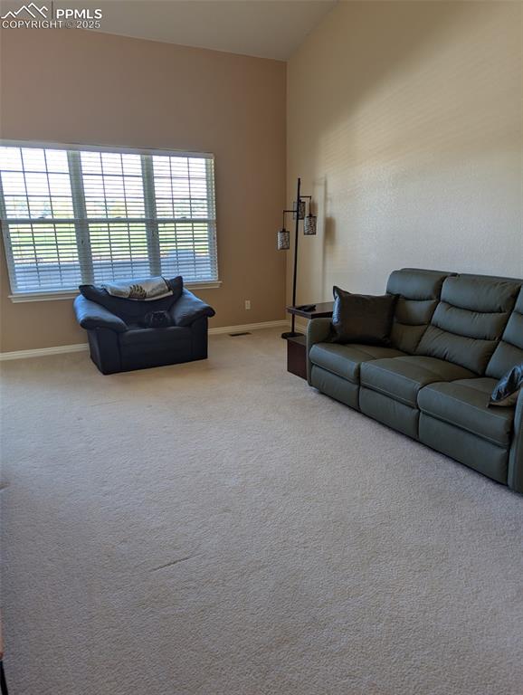 Image 4 of 33: Carpeted living room with baseboards