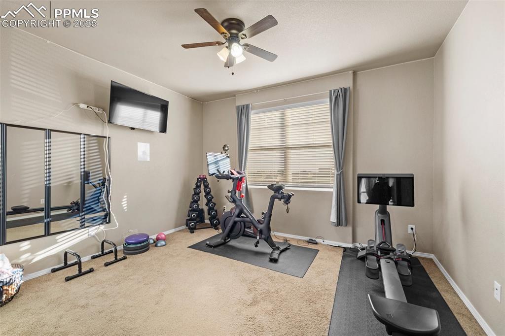 Image 38 of 50: Exercise room featuring carpet flooring and ceiling fan