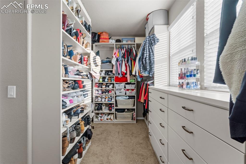 Image 46 of 50: Walk in closet featuring light carpet