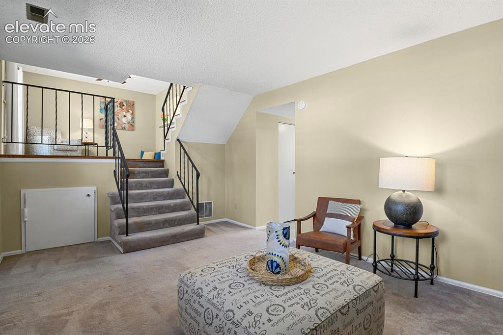 Image 12 of 28: Open-concept living area with carpet flooring and light-toned wall finishes