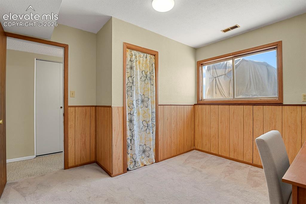 Image 22 of 28: Interior room featuring light-colored carpet, wood paneling, and a window w