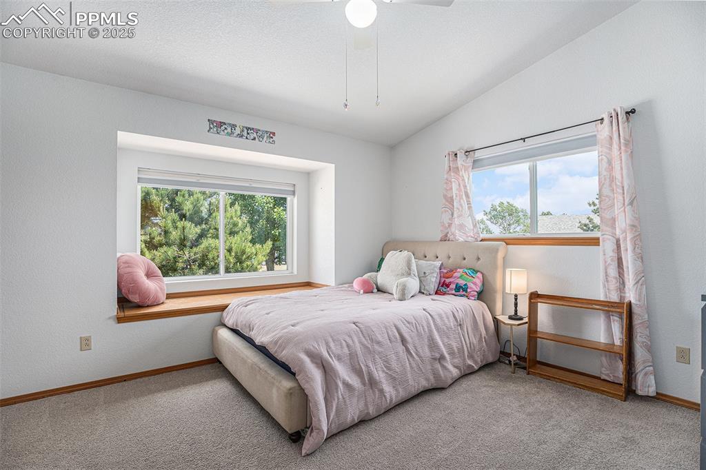 Image 12 of 27: Carpeted bedroom featuring multiple windows, lofted ceiling, and a ceiling