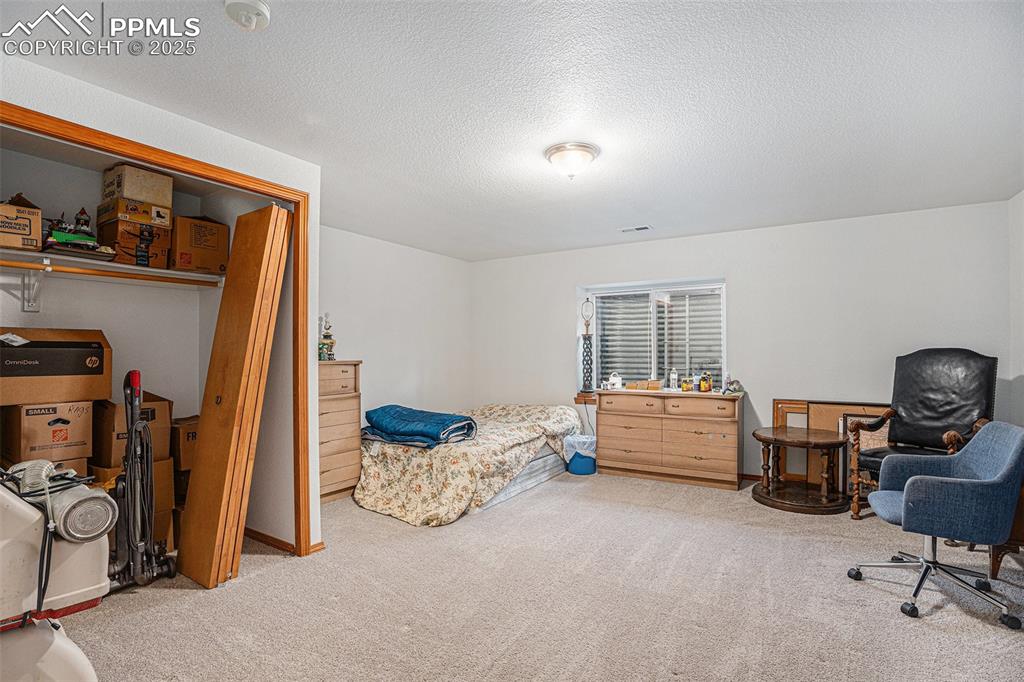 Image 18 of 27: Living area with carpet floors and a textured ceiling