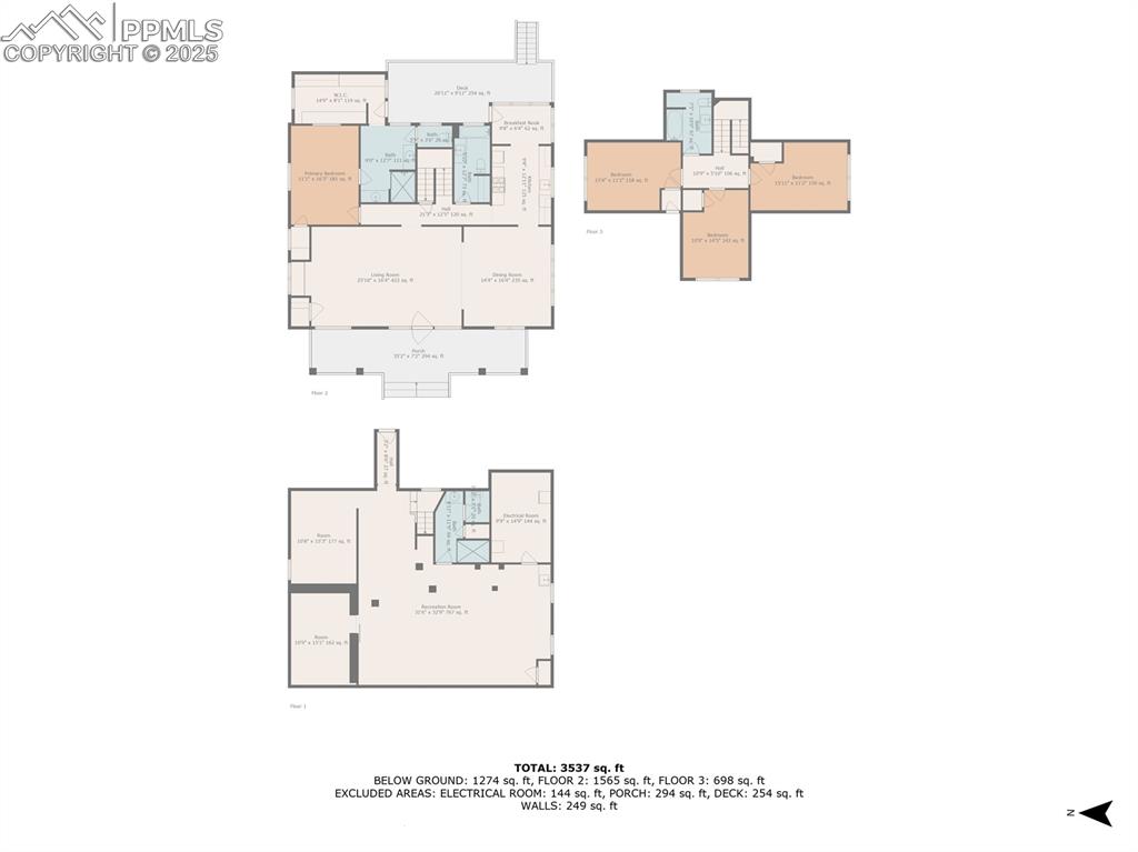 Image 46 of 49: View of home floor plans of all three levels