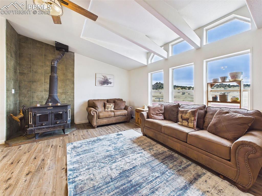 Image 19 of 50: Family Room – Wood Stove Feature – Freestanding wood stove with tiled surro