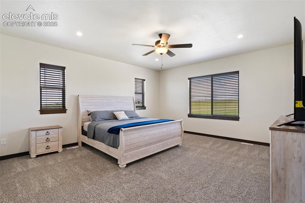 Image 25 of 46: Spacious primary bedroom featuring plush carpeting and a ceiling fan with i