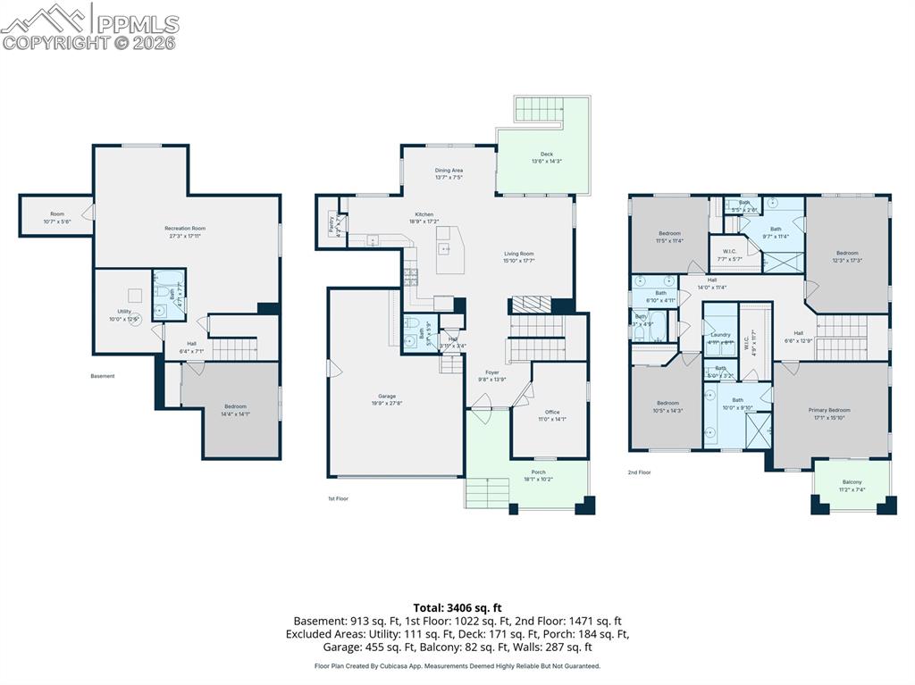 Image 50 of 50: The blue areas represent the 5 bathrooms and laundry room. The 3 green area