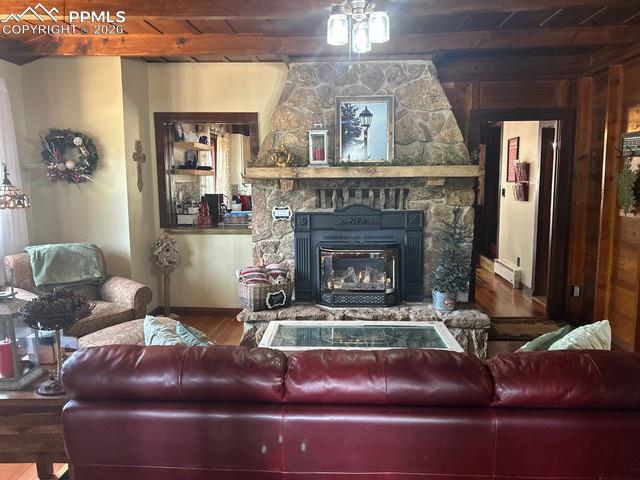 Image 17 of 33: Stone fireplace with gas insert