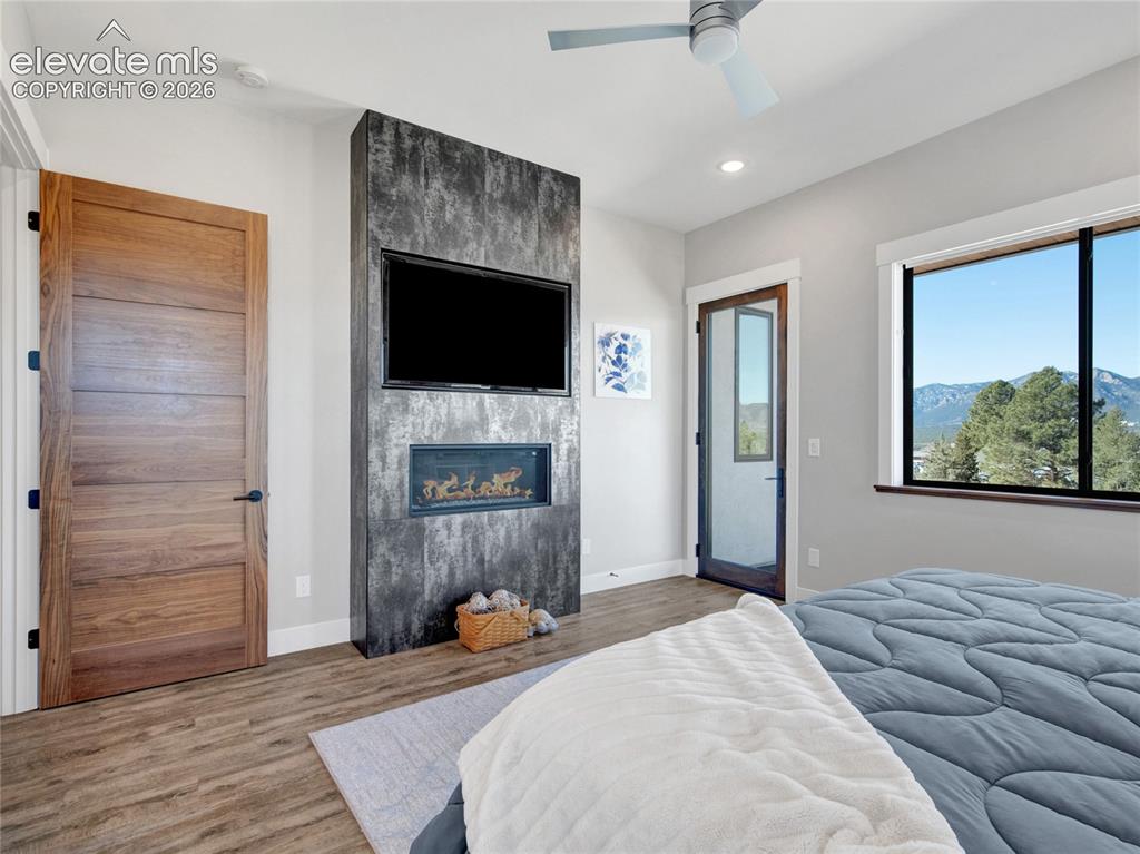Image 23 of 49: Primary bedroom with a modern ceiling fan and gas fireplace.