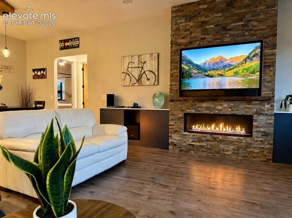 Image 6 of 49: Stacked stone fireplace with a linear insert, wood-finish flooring, and rec