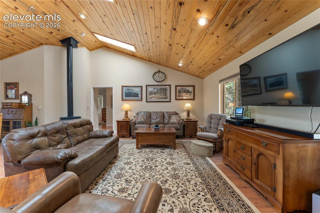 Image 7 of 43: Vaulted wood-paneled ceiling with skylights and recessed lighting, featurin