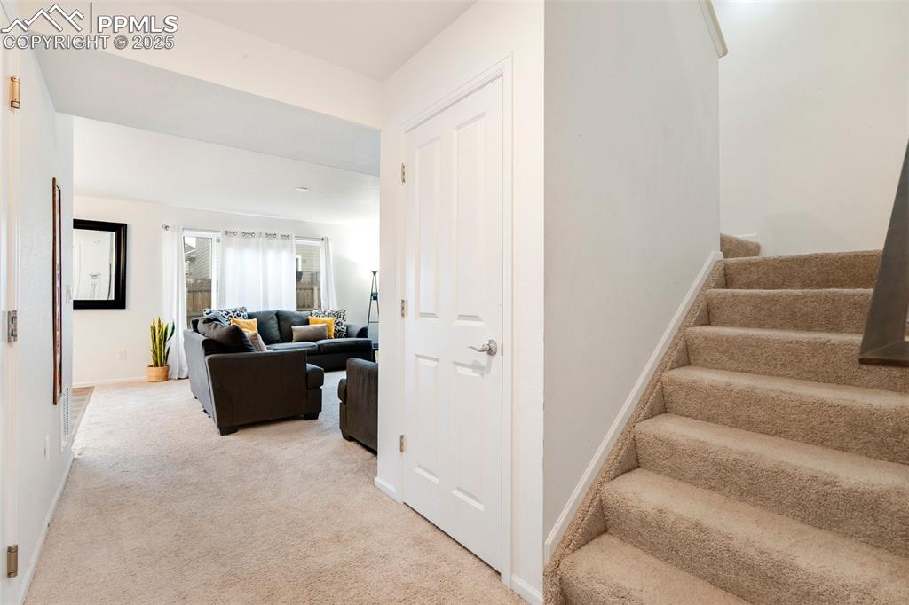 Image 15 of 29: Stairway with carpet floors and baseboards