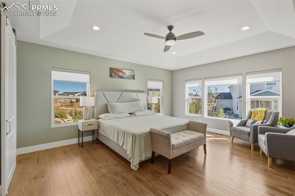 Image 33 of 49: Bedroom with a tray ceiling, light wood-style floors, a barn door, ceiling 