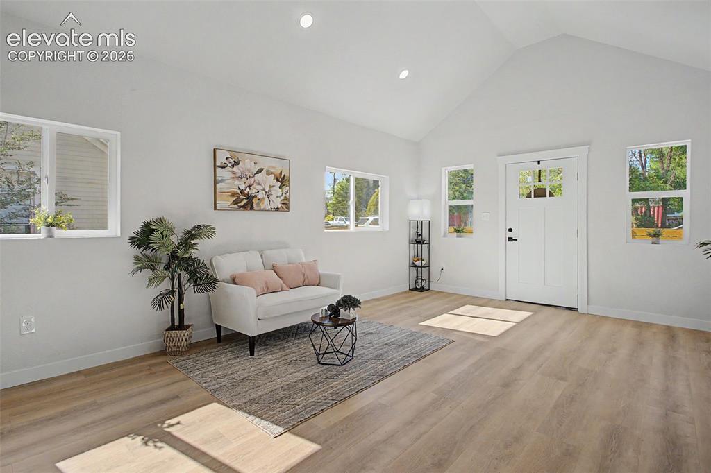 Image 24 of 26: Vaulted ceiling living space with wood-finish flooring