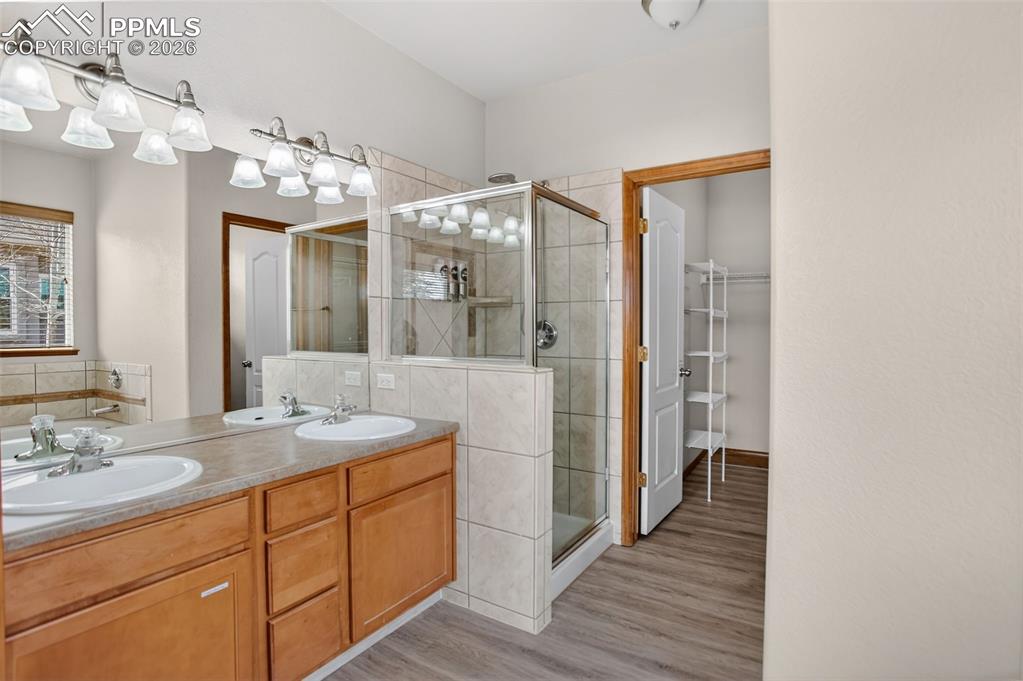 Image 13 of 22: Full bath featuring double vanity, a shower stall, a walk in closet, and li