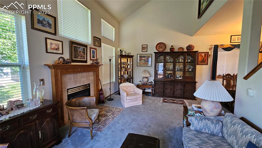 Image 17 of 48: Living room with carpet, a tiled fireplace, and high vaulted ceiling