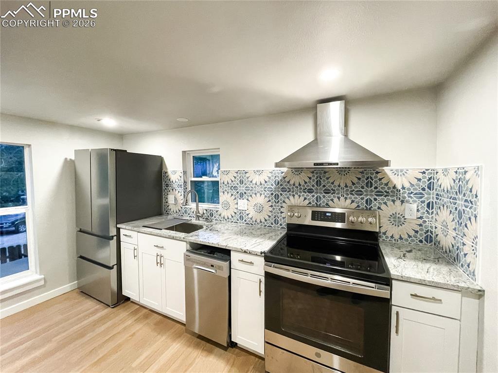 Image 23 of 24: Modern kitchen featuring ample white cabinetry, light wood-finish flooring,