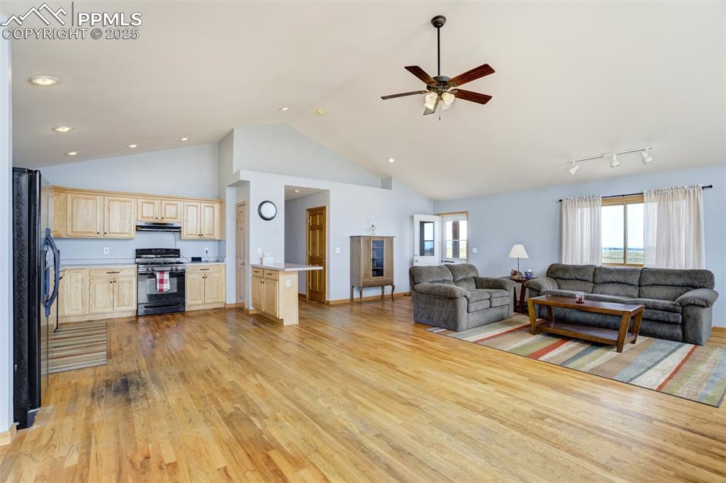 Image 14 of 50: Living room with high vaulted ceiling, light wood finished floors, and a ce