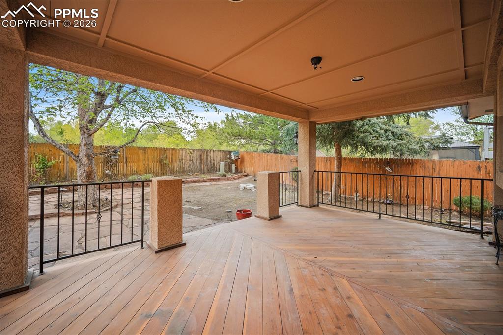 Image 41 of 50: Wonderful Red wood covered Deck. 