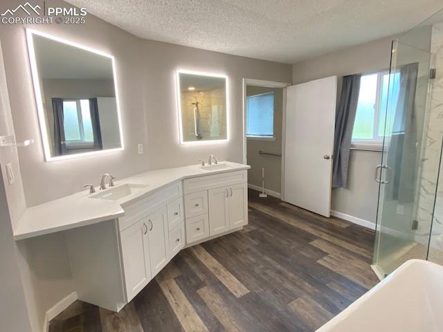 Image 9 of 26: Full bathroom with a shower stall, double vanity, wood finished floors, a t