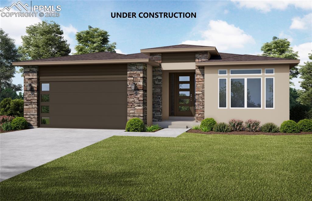 Caption: Prairie-style home with stone siding, a front lawn, driveway, and an attached garage
