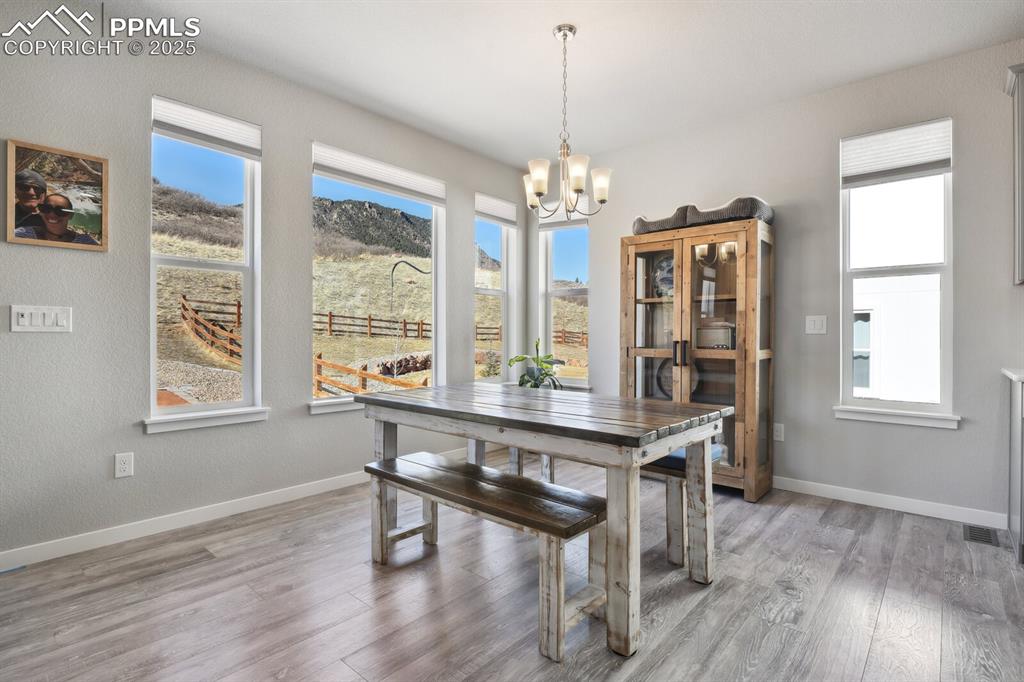 Image 17 of 47: Dining room with a chandelier, light wood finished floors, and a mountain v