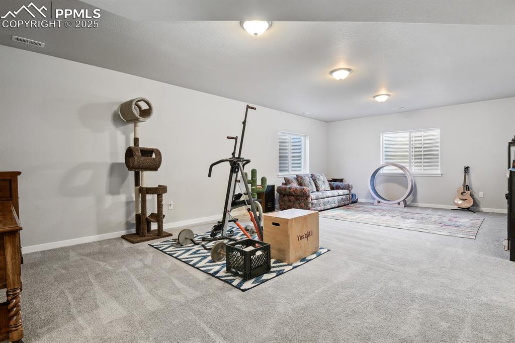 Image 31 of 47: Exercise room with carpet flooring and baseboards