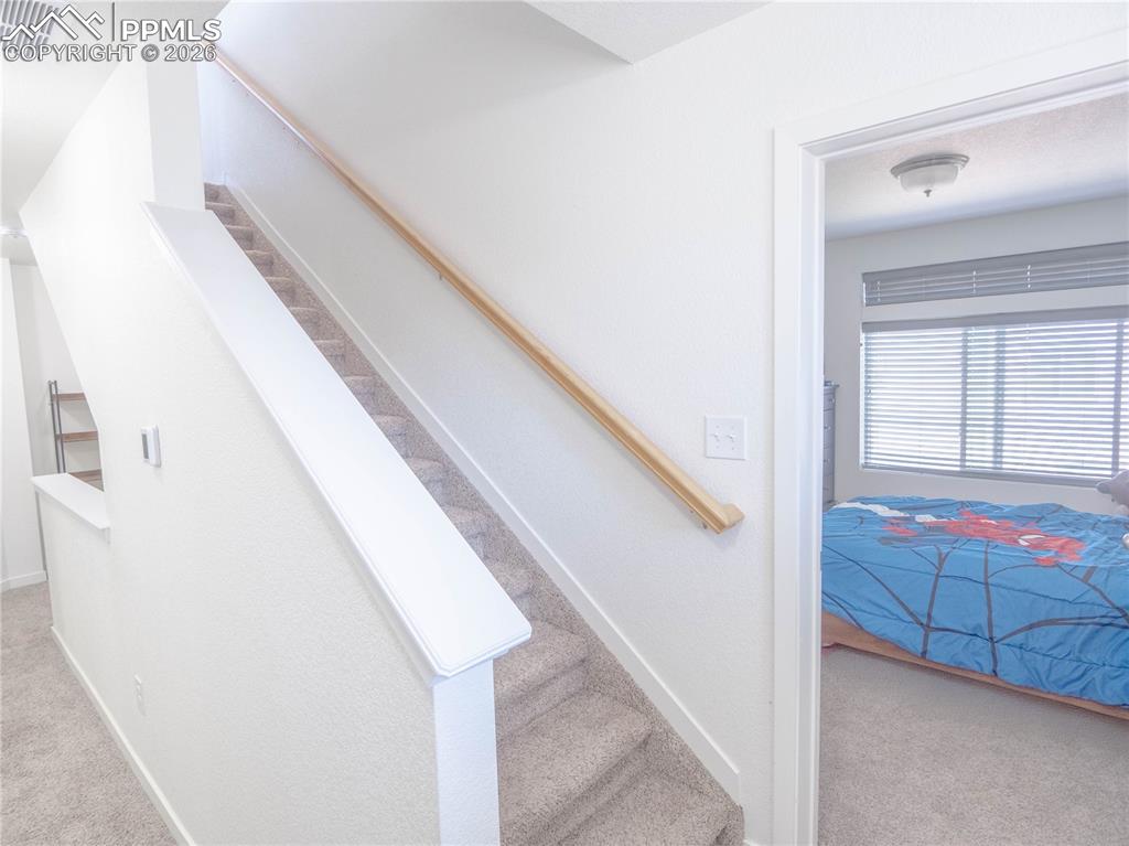 Image 16 of 30: Carpeted staircase with a natural wood handrail and white balustrade