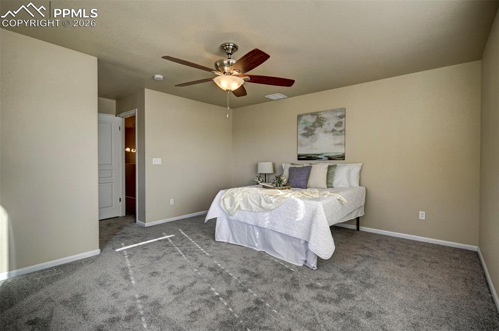 Image 32 of 44: Bright and neutral flooring and walls. New carpet and light/fan.