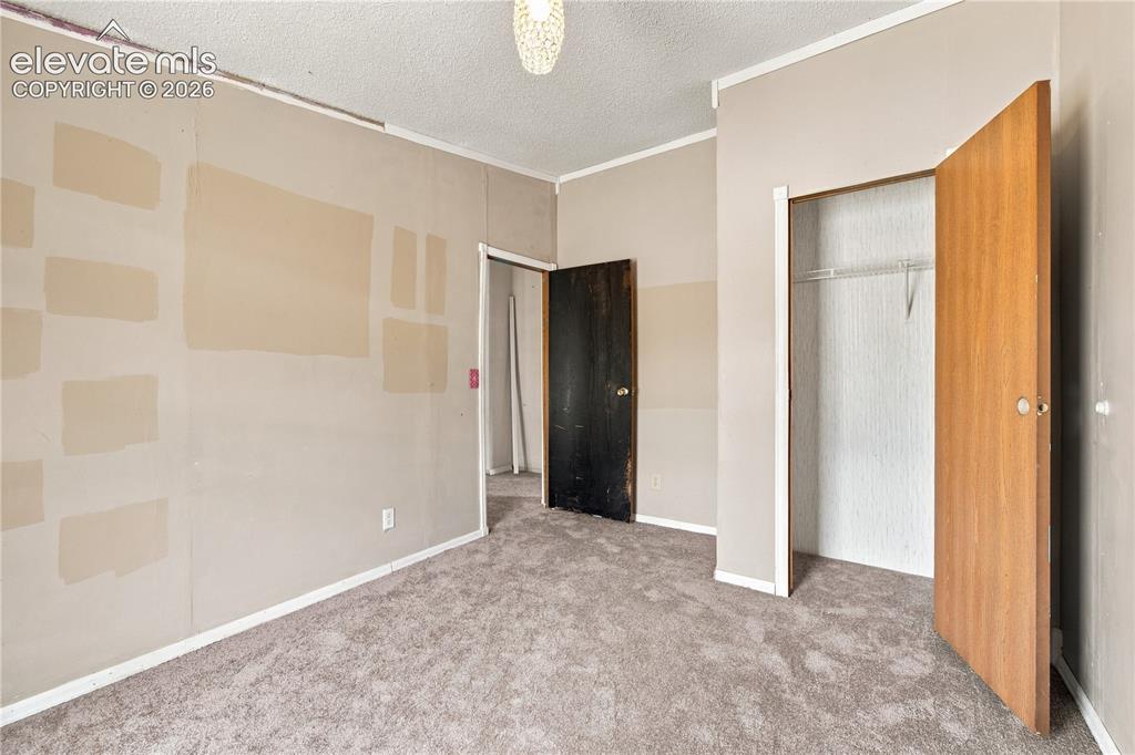 Image 14 of 19: Carpeted room featuring a ceiling-mounted light fixture, an open closet wit