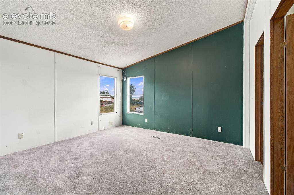 Image 8 of 19: Plush carpet flooring, a vaulted ceiling, and two windows providing natural