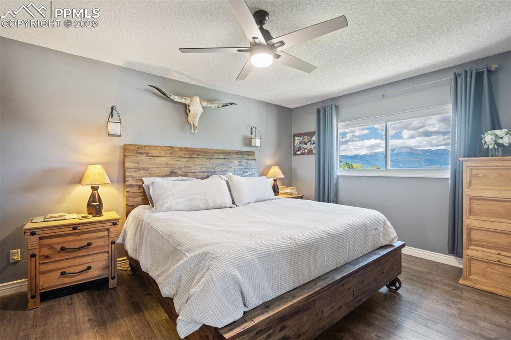 Image 21 of 49: Primary bedroom with mountain views and LVP flooring. Ceiling fan, but this