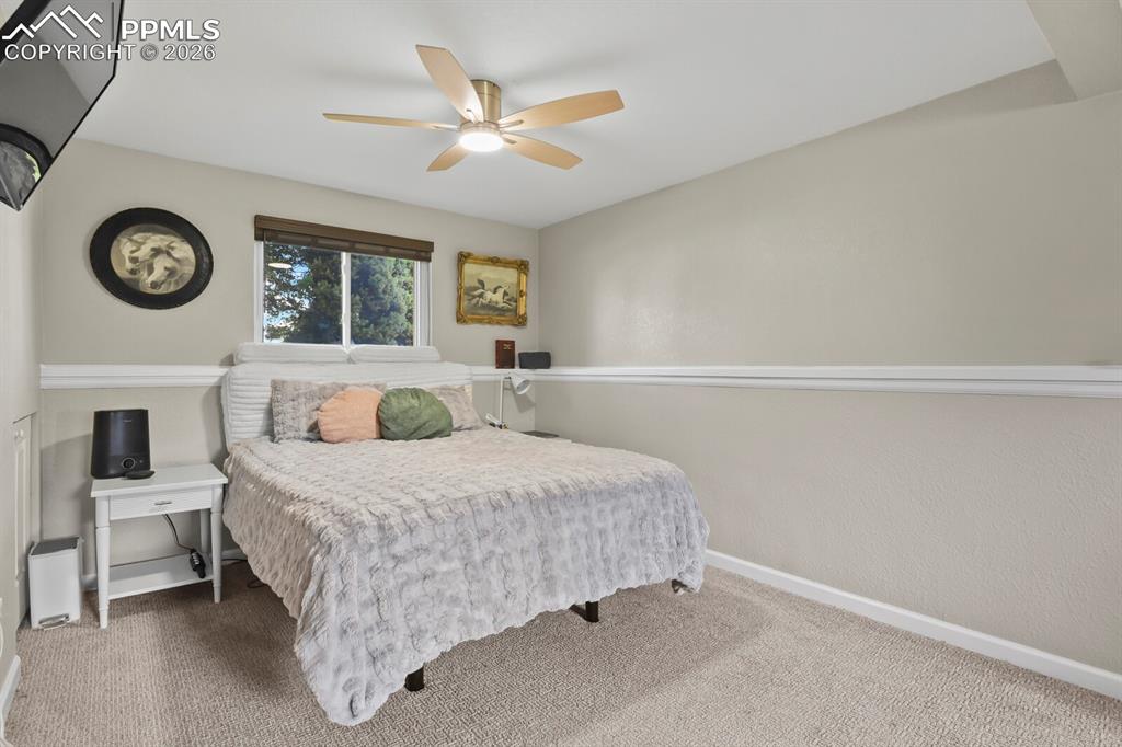 Image 24 of 38: Located on the lower level this primary bedroom features carpeting, nice wi