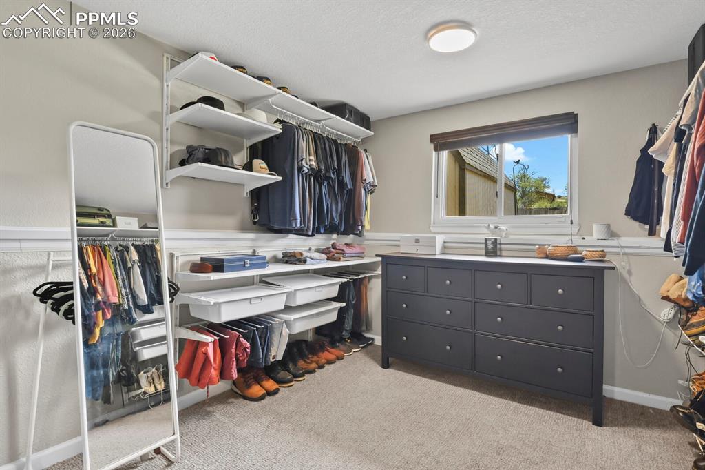 Image 26 of 38: This room features carpeted flooring, a window with a blind, and overhead l