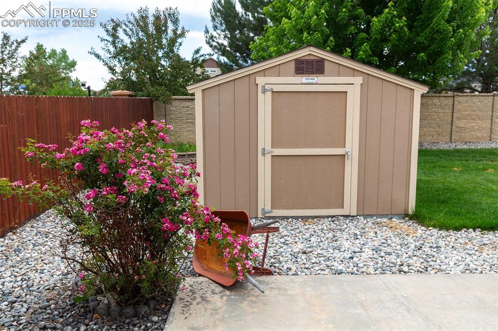 Image 35 of 46: View of shed with a fenced backyard