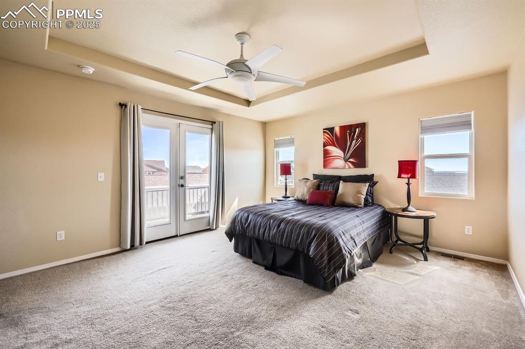 Image 18 of 34: Carpeted bedroom with a raised ceiling, access to outside, baseboards, a ce