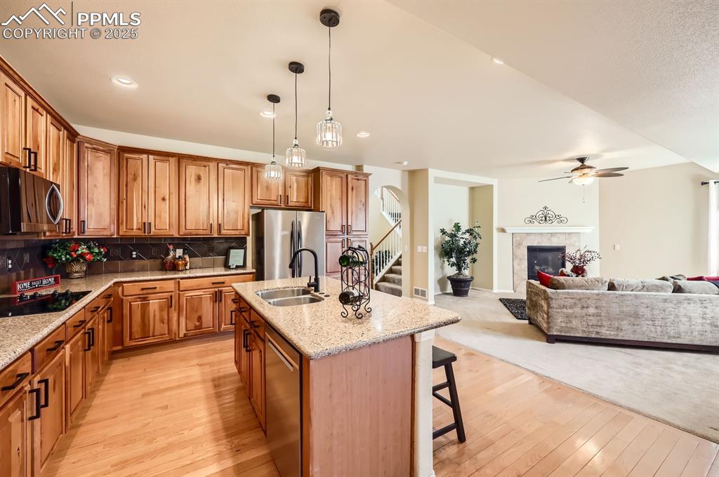 Image 9 of 34: Kitchen featuring stainless steel appliances, a sink, open floor plan, ligh