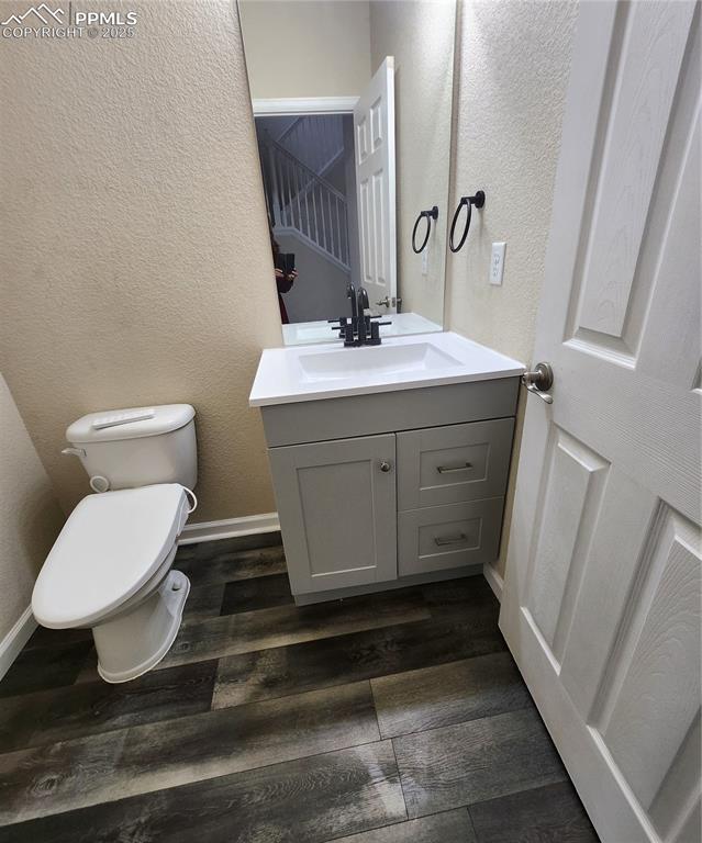 Image 40 of 45: Bathroom with a textured wall, vanity, and dark wood-style flooring