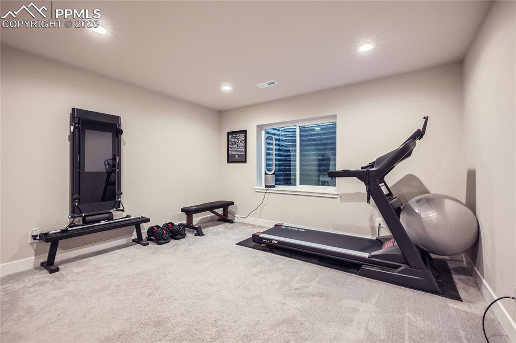 Image 25 of 37: Workout room featuring carpet flooring and recessed lighting
