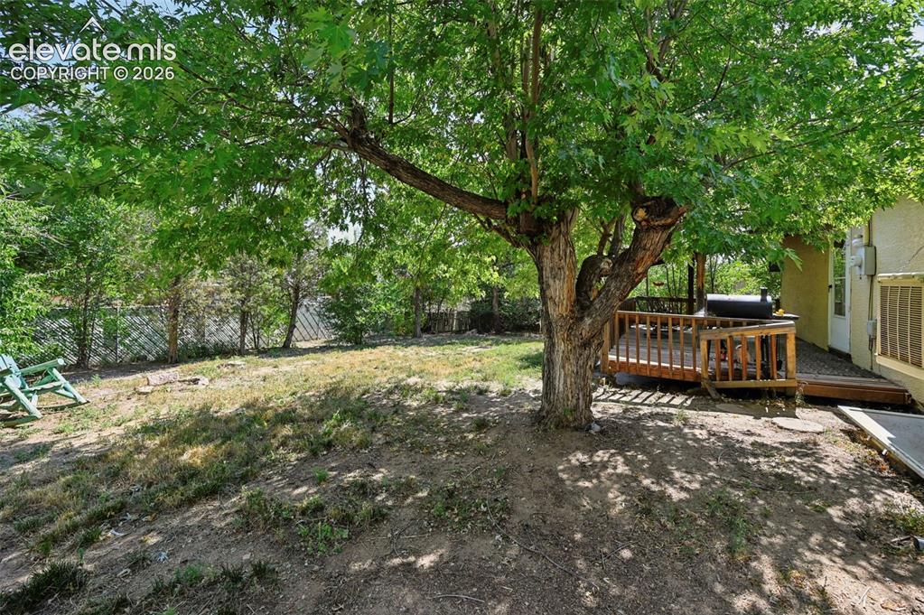 Image 27 of 32: Spacious backyard featuring a large mature tree, wood deck, and partial fen