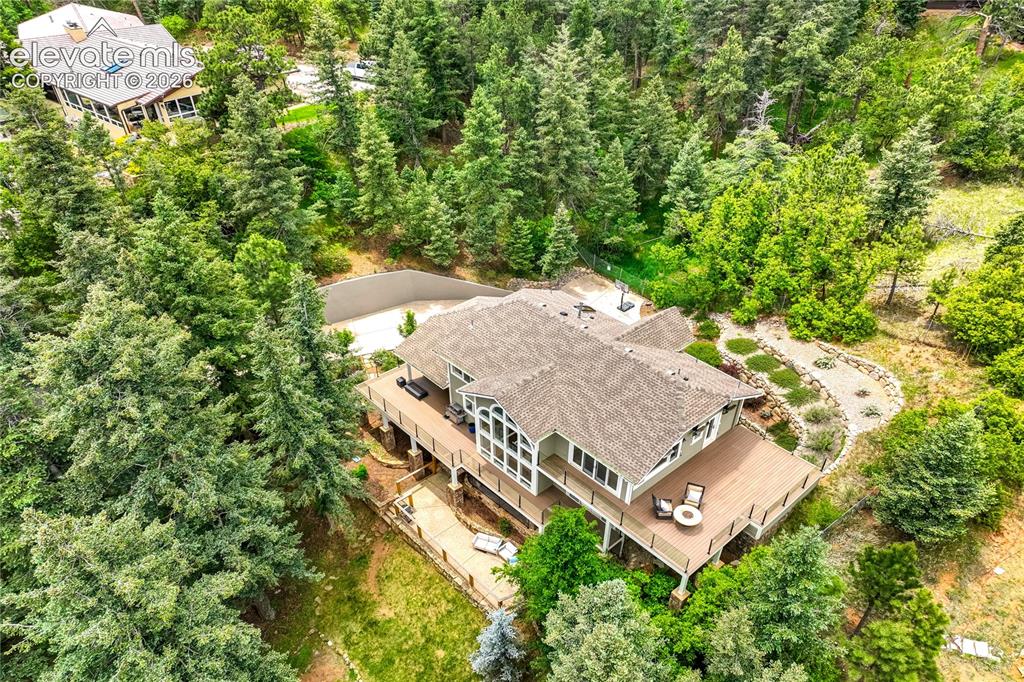 Image 48 of 50: Layered landscaping and mature pines create a serene mountain setting that