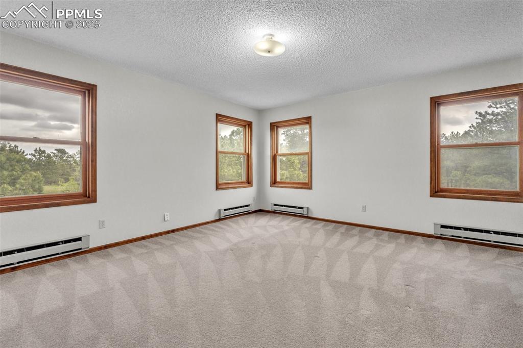 Image 17 of 43: Carpeted empty room featuring a textured ceiling and a baseboard heating un